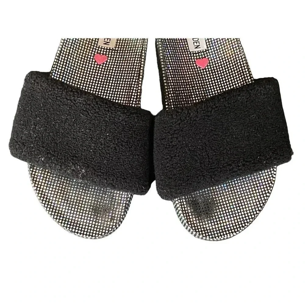 Steve Madden Womens Slides Black Faux Fur Size 5 Casual Summer Open Toe Sandals